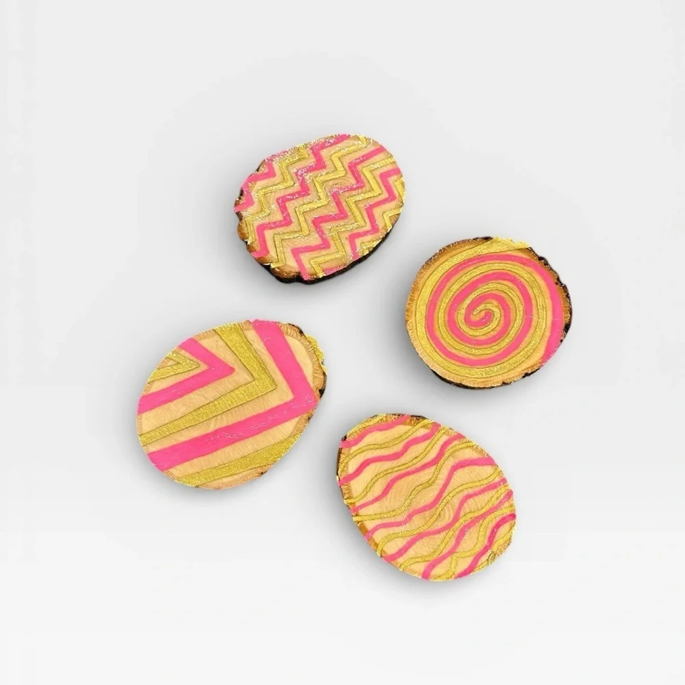 Handmade 4 Raw Wood Pink and Gold Patterned Coasters